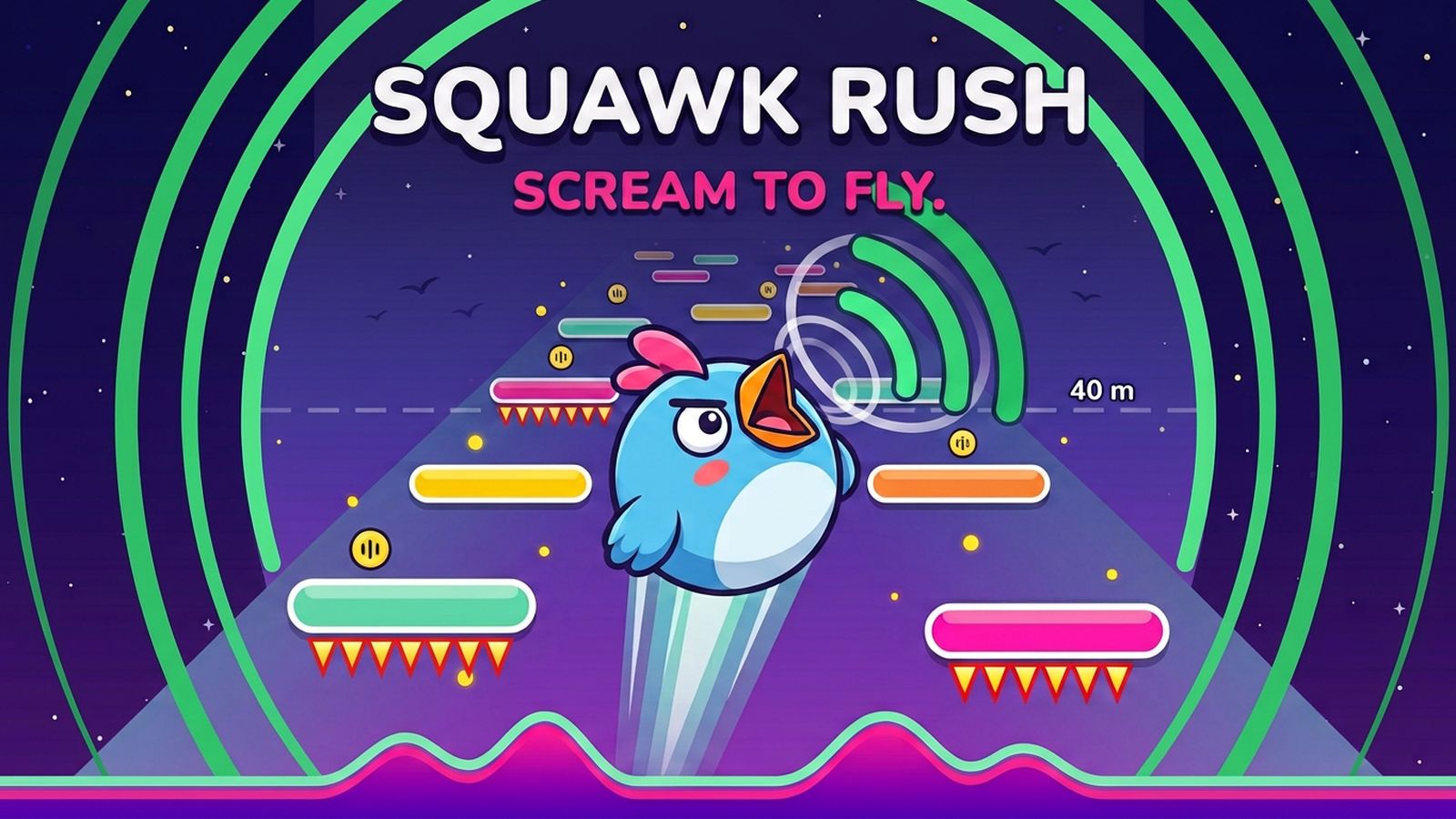 Squawk Rush key art: a blue bird screaming as it flies up a tower of colorful platforms