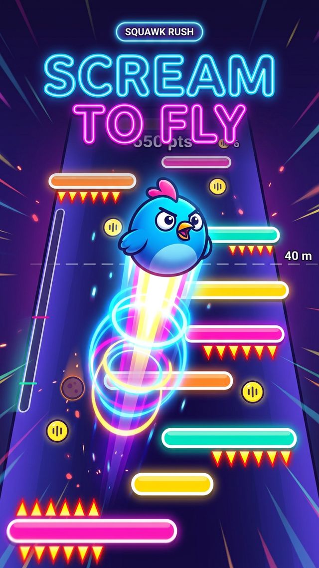 The bird blasting upward through neon platforms