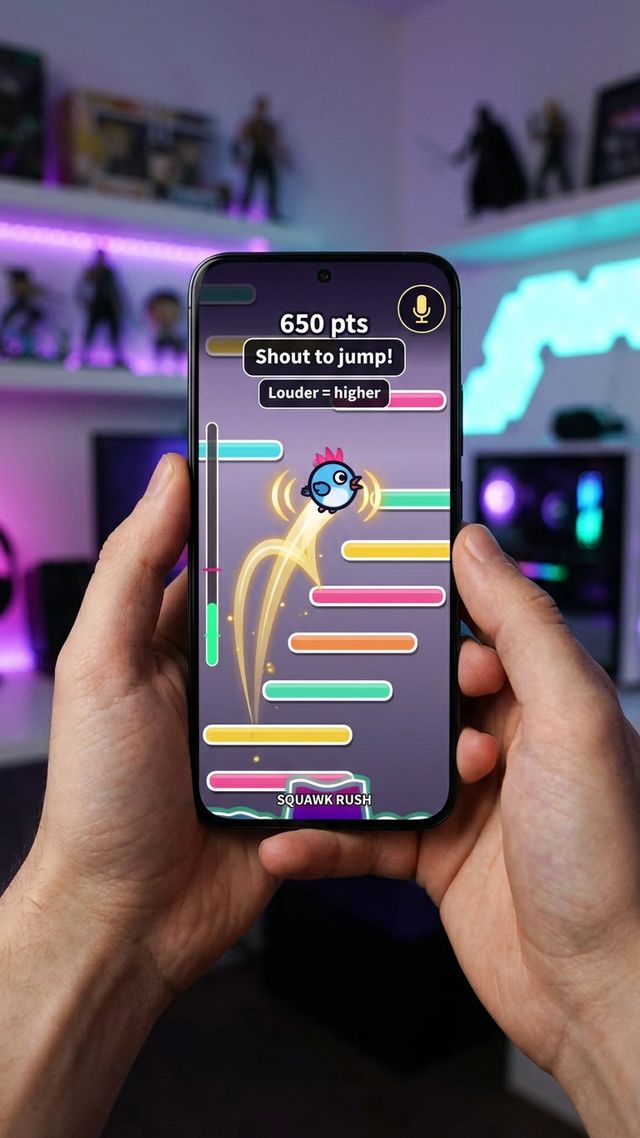 Squawk Rush running on a phone held in two hands